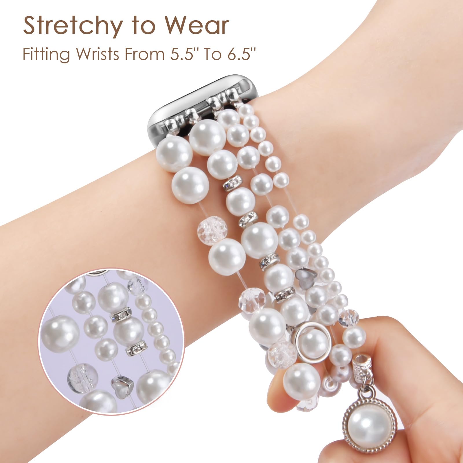 V-MORO Stretchy Pearl Bracelet Band for Apple Watch 38mm 40mm 41mm 42mm 44mm 45mm - Rose Gold Fashion Jewelry Strap Compatible with iWatch Series SE/1/2/3/4/5/6/7/8/9 - Elegant & Cute Accessory for Women, Perfect for Parties, Weddings & Daily Wear
