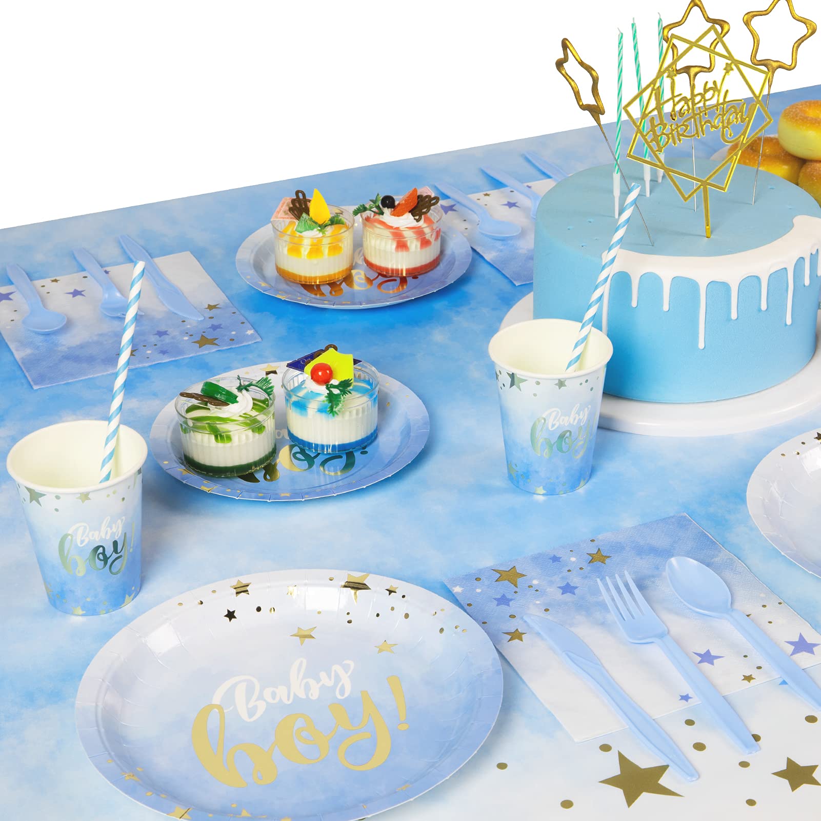 DECORLIFE Baby Shower Plates and Napkins Set for Boys - 24 Blue Themed Plates, Forks Included (96 Pieces Total) - Perfect for Baby Showers, Birthday Parties & Gender Reveal Celebrations