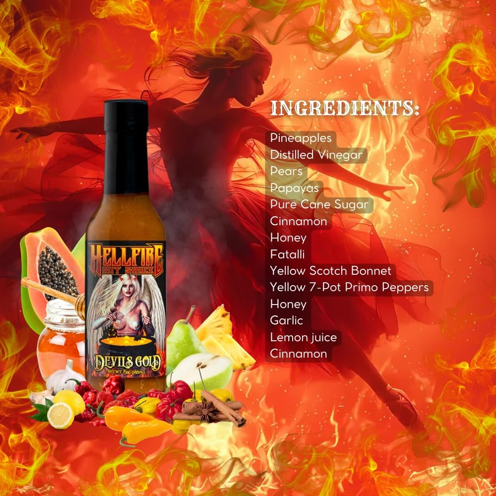 Hellfire Devil's Gold Hot Sauce - Award-Winning Gourmet Hot Sauce with Yellow Super Hot Peppers & Exotic Fruits - Sweet & Spicy Blend - 5 oz Bottle - Perfect for Wings, Tacos, Burgers & BBQ