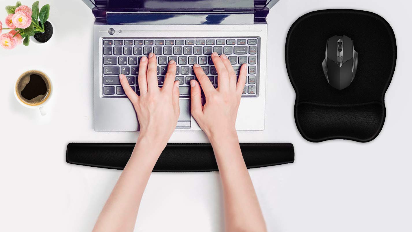 Ergonomic Mouse Pad with Gel Wrist Rest Support - Non-Slip PU Base Gaming Mouse Pad Set for Computer, Laptop, Home & Office Use - Perfect for Work, Gaming and Travel (Black)