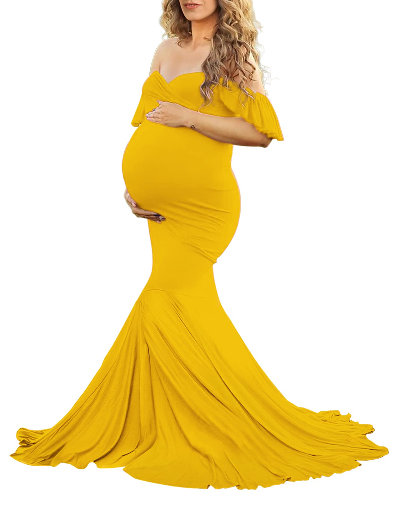 Saslax Off Shoulder Ruffle Sleeves Elegant Fitted Maxi Maternity Dress for Photoshoot, Baby Shower, Wedding, Party & Special Occasions - Comfortable Pregnancy Gown for Women