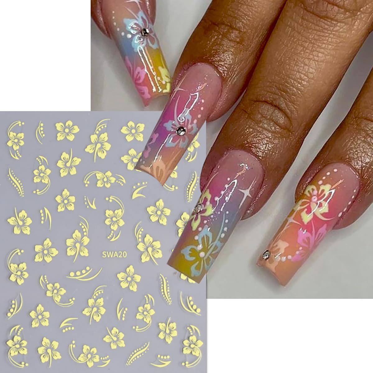 8 Sheets 3D Flower Nail Art Stickers - Self-Adhesive Pink White Gold Floral Nail Decals for DIY Manicure | Cute Nail Supplies for Women & Girls | Perfect for Parties, Weddings, and Everyday Nail Decorations