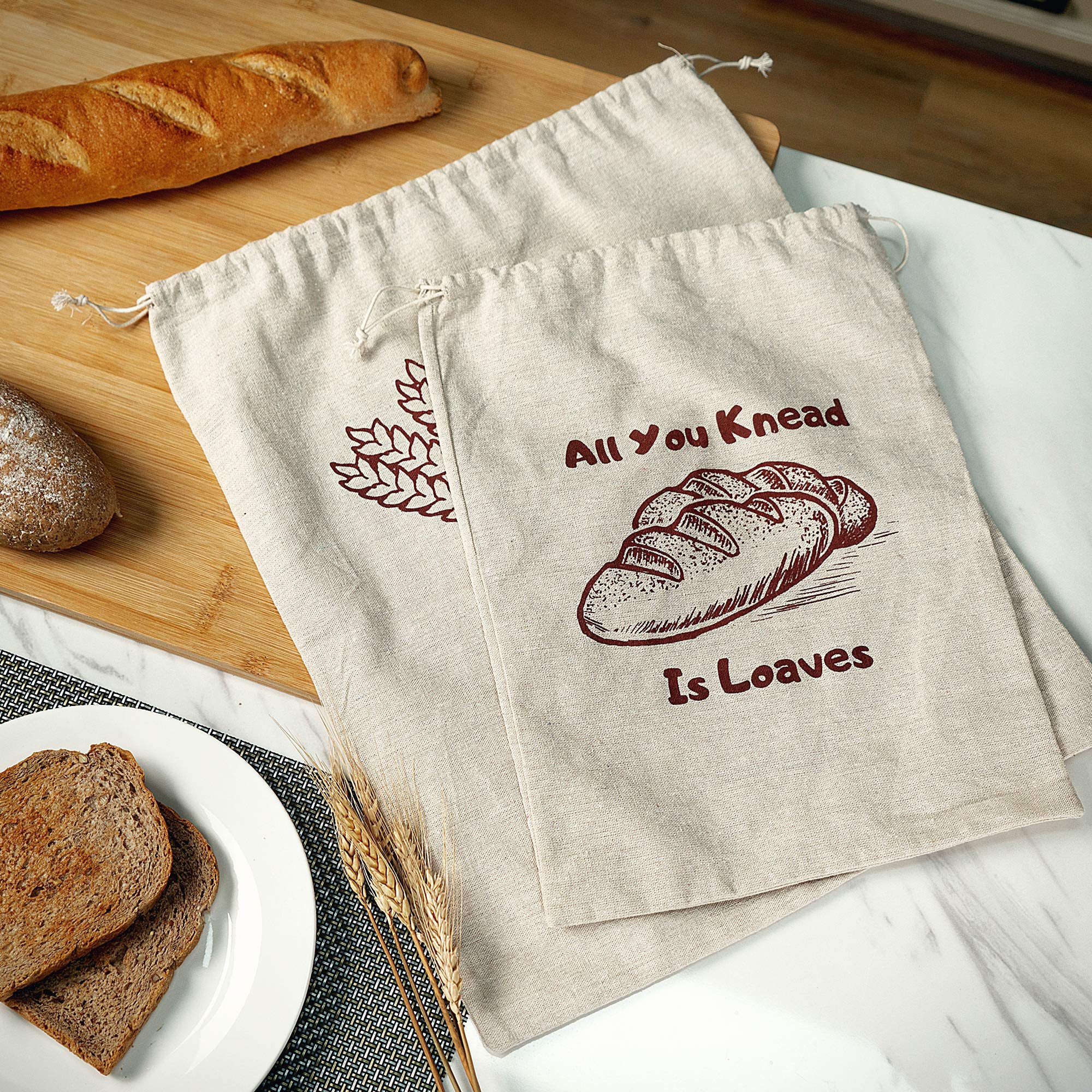 Organic Linen Bread Bags - Set of 4 Large & XL Unbleached Reusable Drawstring Bags for Homemade Artisan Bread, Loaf Storage & Food Preservation | Perfect Eco-Friendly Gift for Bakers & Kitchen Use for Picnics, Farmers Markets & Home Baking