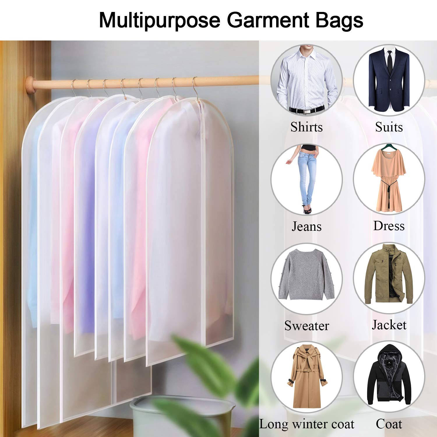 10 Pack Lightweight Clear Hanging Garment Bags with Full Zipper - Dust-Proof Suit Covers for Closet Storage & Travel | Perfect for Suits, Dresses, Coats & Seasonal Clothing Protection