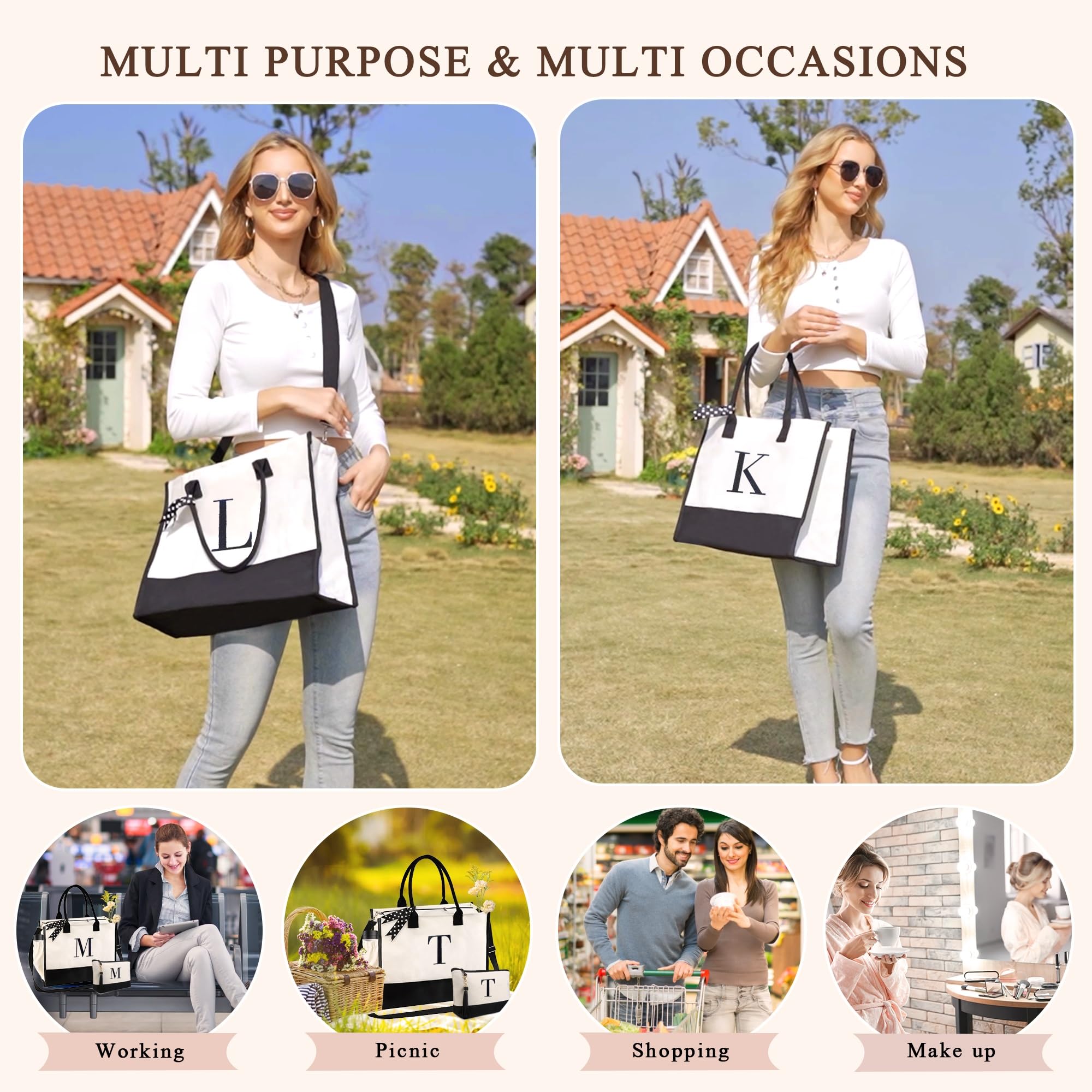 Personalized Monogram Initial Tote Bag for Women - BeeGreen Canvas Gift for Mom, Teacher, Friend Birthday - Perfect for Mother's Day, Holiday Relaxation & Everyday Use