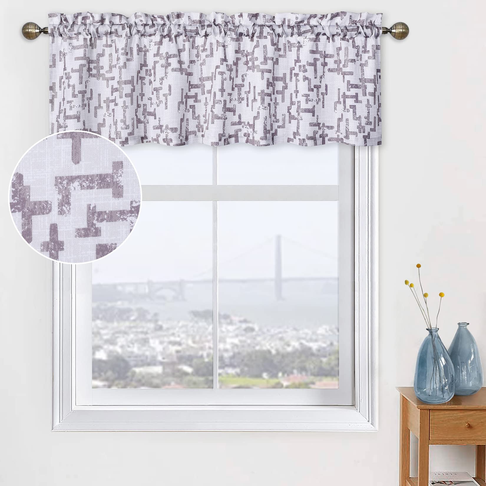 FairOnly Geometric Short Tier Kitchen Curtain Valance - Grey Modern Window Treatment with Rod Pocket for Bathroom, Bedroom & Living Room (52x15 Inch) - Perfect for Cafe Style Decor & Home Office Windows