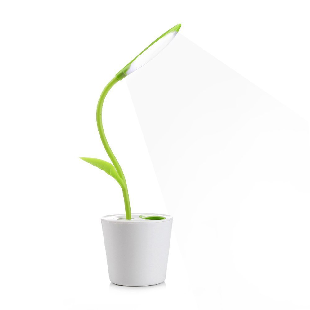 Flexible USB Touch Desk Lamp with Adjustable Brightness - 3-Level Dimmable LED Light, Sapling Pot & Pencil Holder - Perfect for Office, Study, Reading & Home Decor (Dark Green)
