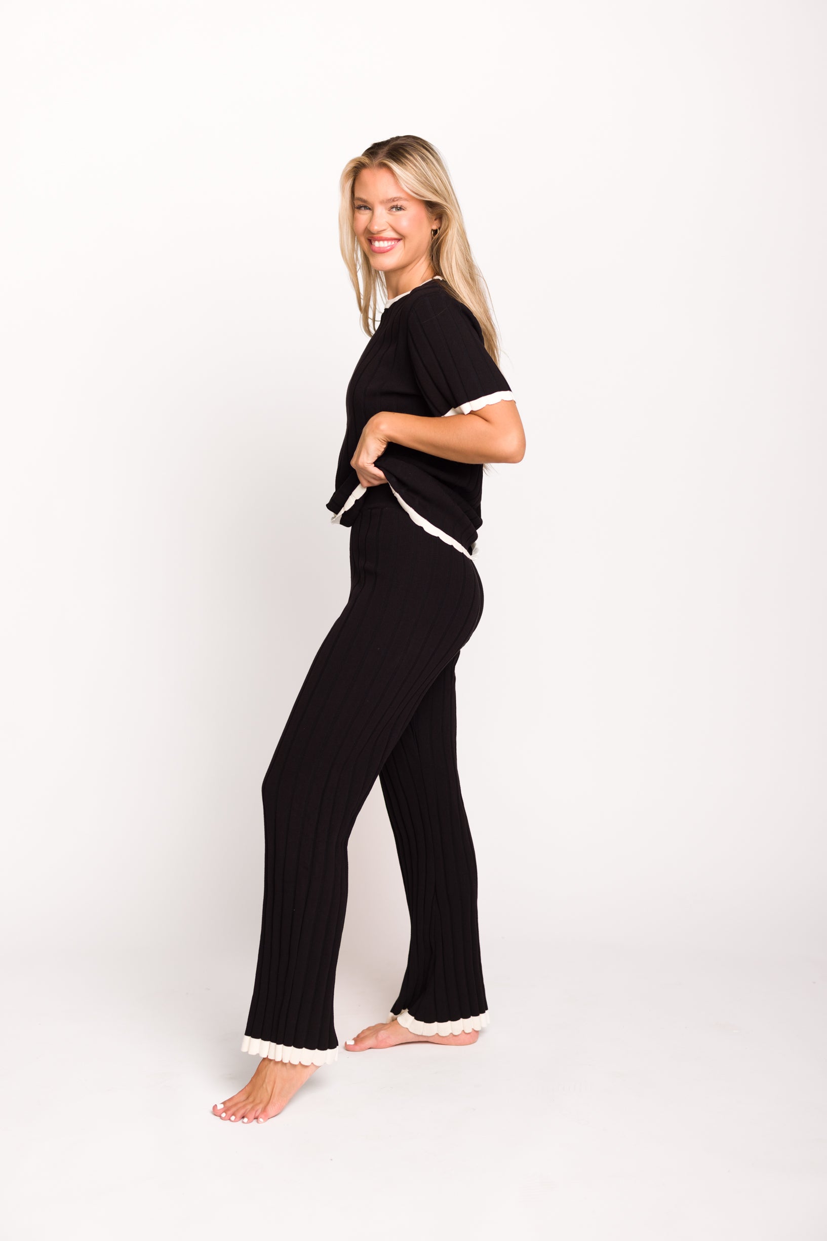 Adele Ribbed Knit Top and Pants Set - Women's Black Stretch Outfit for Casual Wear, Lounge & Fall Fashion