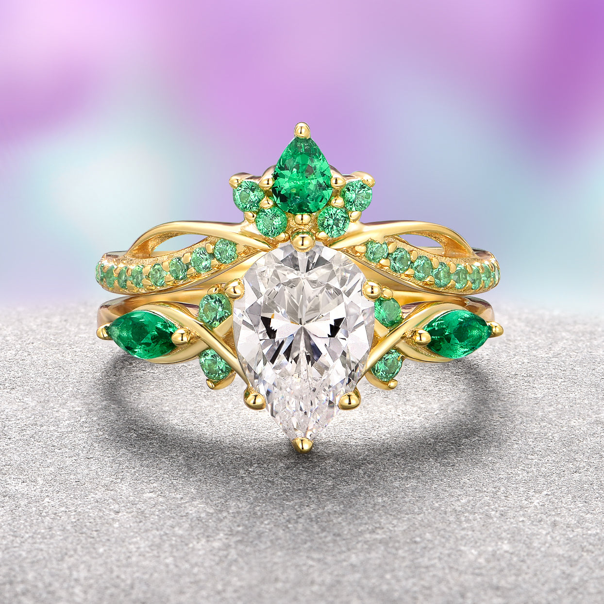 Feyre Lab Grown Diamond & Emerald Ring Set in 14K Solid Yellow Gold - IGI Certified | Elegant Wedding, Engagement & Anniversary Jewelry Gift