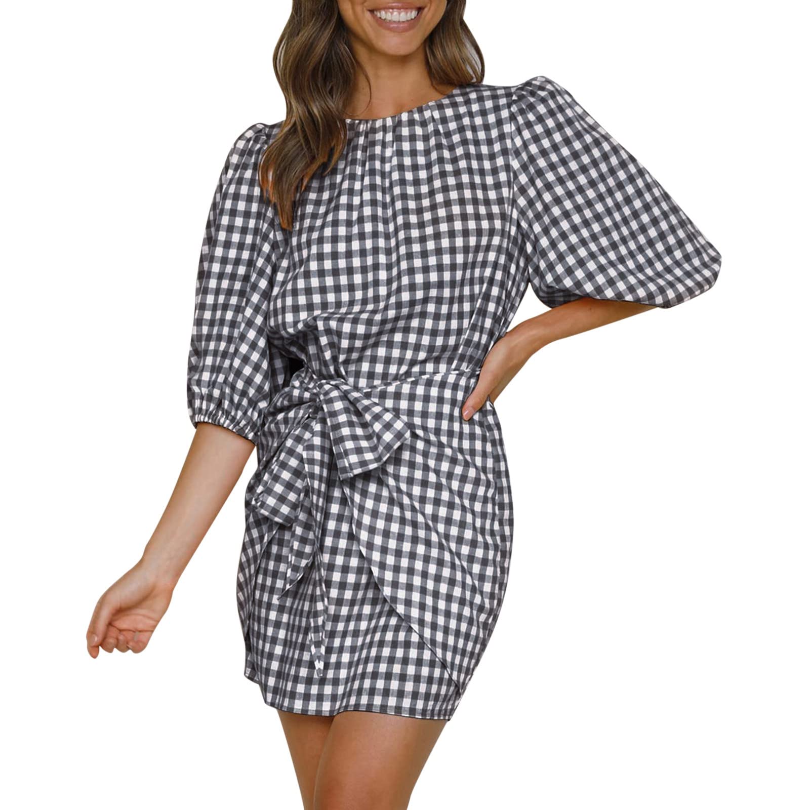 2022 Women's Summer Dresses - Round Neck Casual Printed Mini Dress with 1/2 Sleeve & Ruffle Detail | Perfect for Beach Vacation, Party & Formal Occasions | Off Shoulder Bodycon Dress for Women