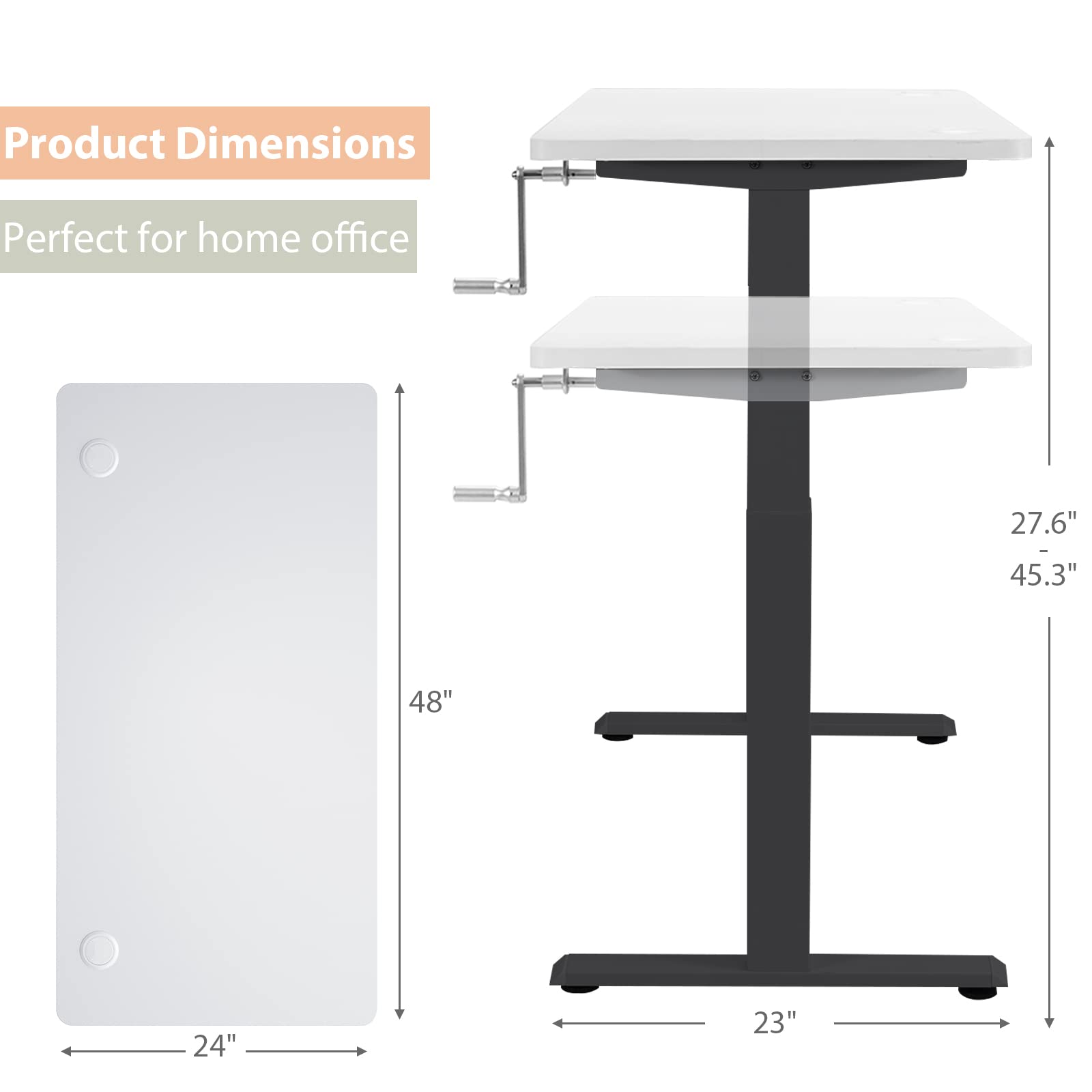 COSTWAY 48 x 24 Inch Adjustable Height Standing Desk - Manual Sit to Stand Workstation with Headphone Hook & Cable Management, Solid One-Piece Table Top for Home Office (Black & White) | Perfect for Remote Work, Gaming & Study Spaces