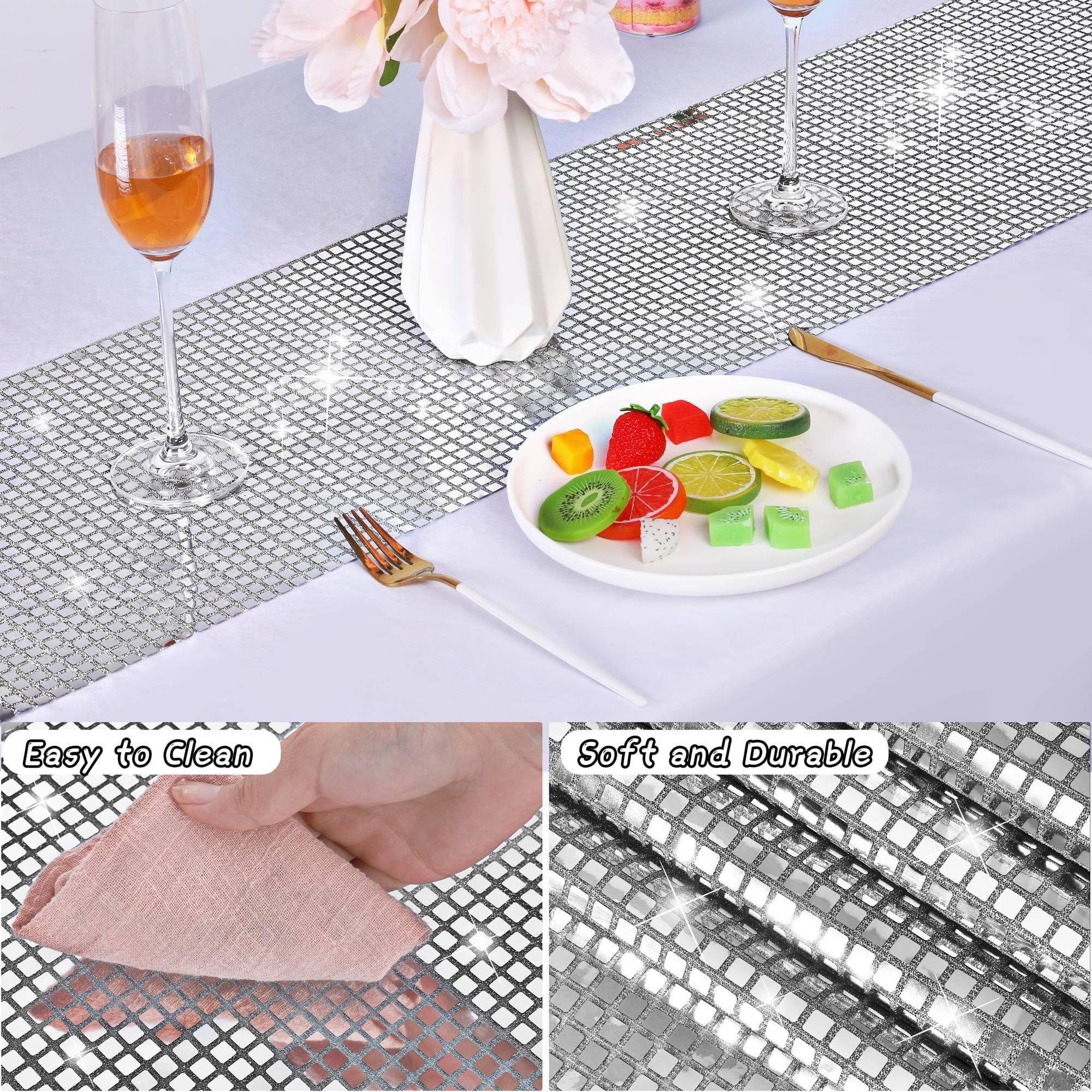 2 Pack Disco Party Table Runner - Mirror Silver Glitter Foil with Sparkle Sequin for Bachelorette, 70s & Cowgirl Party Decorations - Perfect for Wedding, Birthday & Holiday Celebrations