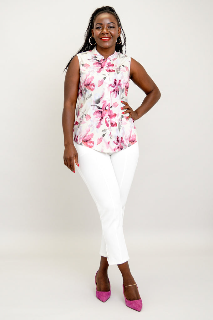 Debbie Tank Top - Floral Linen Bamboo Blend Women's T-Shirt | Breathable Summer Casual Wear for Beach & Outdoor Activities