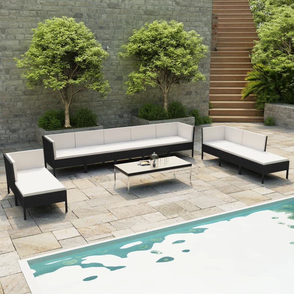 vidaXL 10-Piece Patio Lounge Set with Cushions - Black Poly Rattan Outdoor Garden Furniture, Corner Sofa Set with Footrest - Perfect for Backyard, Poolside & Terrace Relaxation