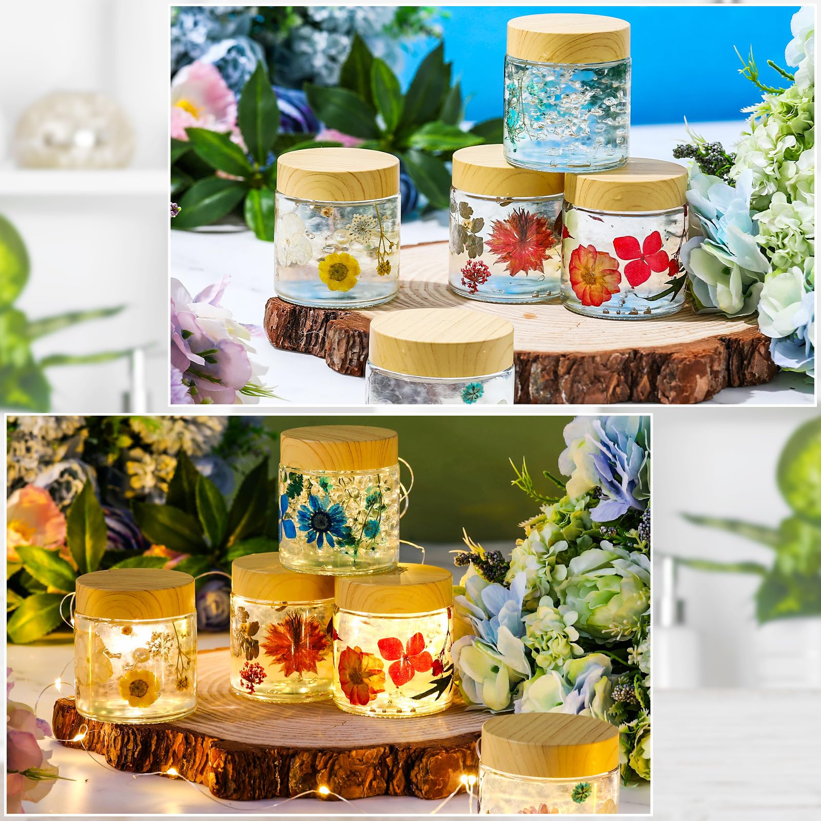 48 Pcs 4 oz Glass Jars with Woodgrain Lids - Small Empty Cosmetic Containers with Inner Liners, Reusable Airtight Round Bottles for DIY Beauty, Skincare, Travel & Home Organization