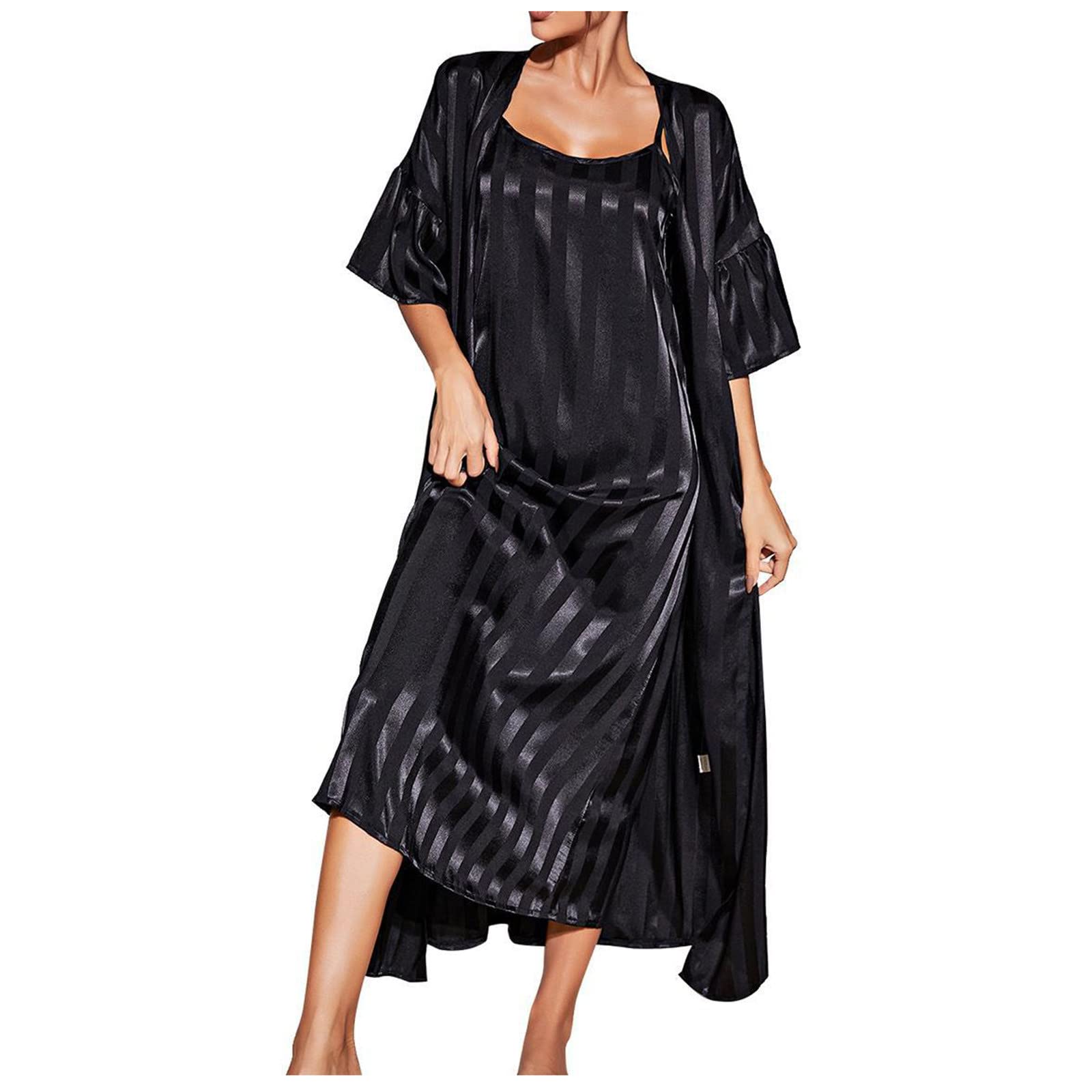 Women's 2-Piece Satin Pajama Set - Long Silk Nightgown & Sexy Camisole Nightdress with Striped Chemise | Sleepwear, Loungewear & Bathrobe Set for Comfortable Nights & Relaxing Evenings