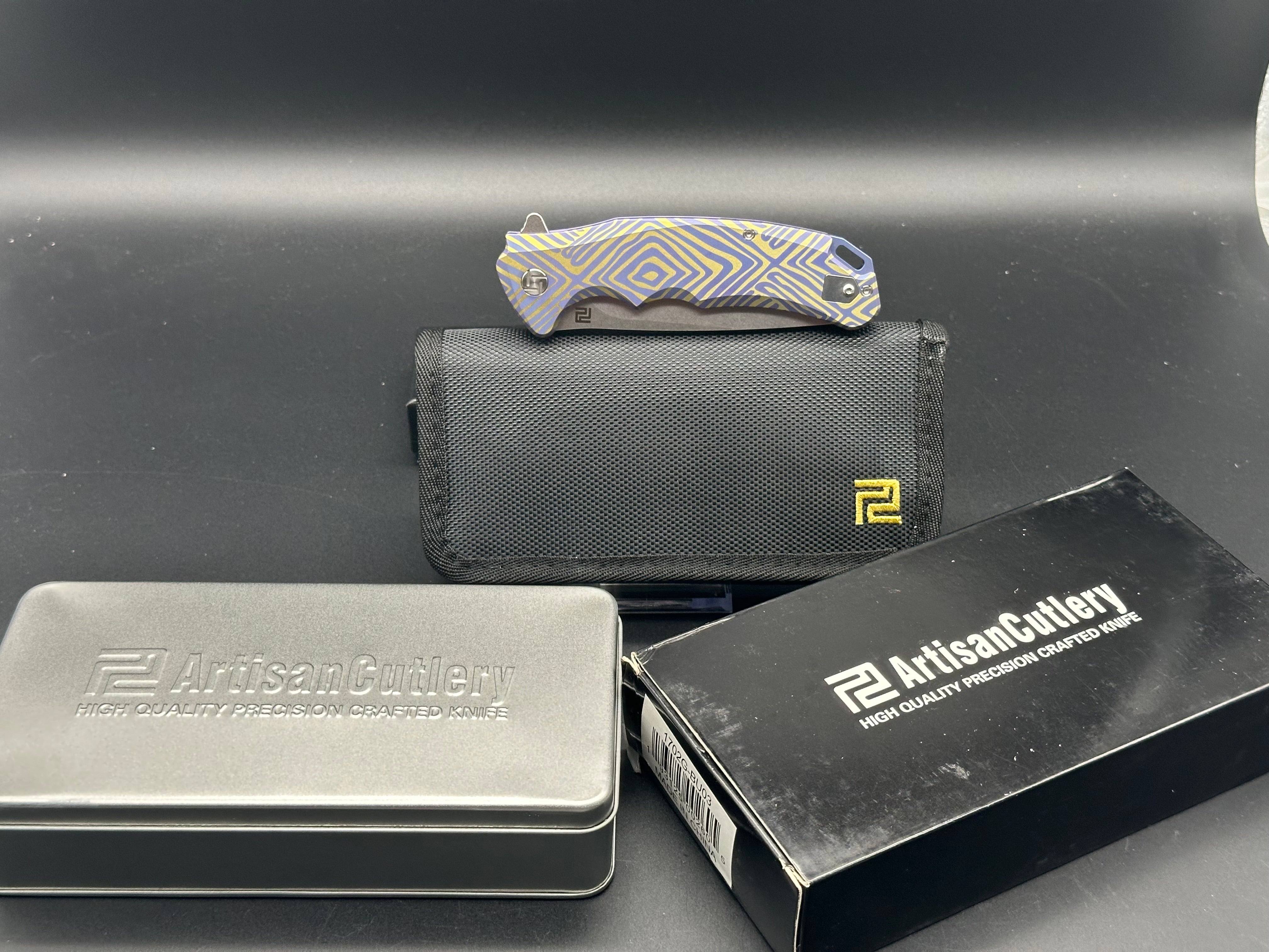 Artisan Cutlery Traditional S35VN Stainless Steel Drop Point Folding Knife with Gold & Blue Anodized Titanium Handle - Perfect for Camping, Hunting, and Everyday Carry (EDC)