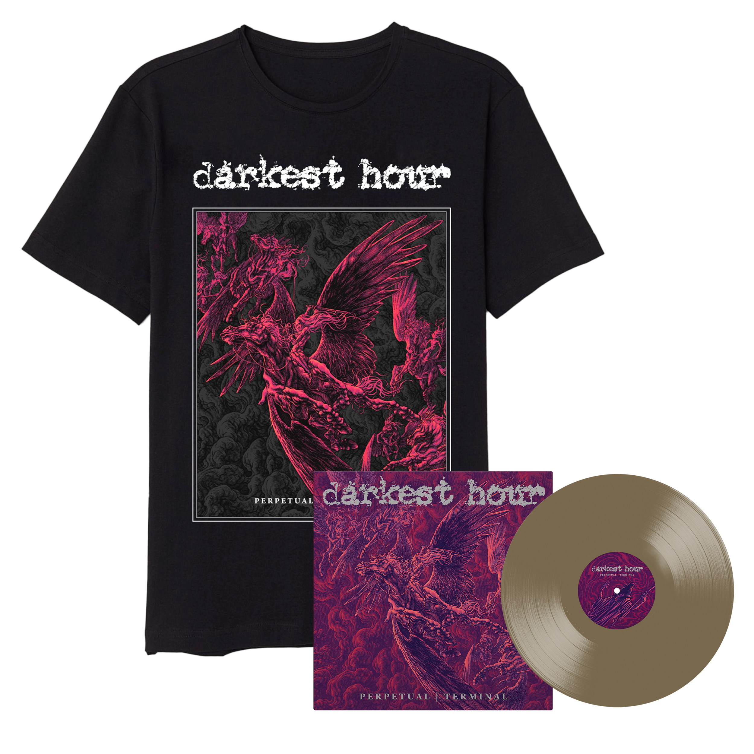 Darkest Hour Perpetual Terminal Shirt & Vinyl Bundle (Gold Nugget) | Band Merch for Concerts & Music Collectors