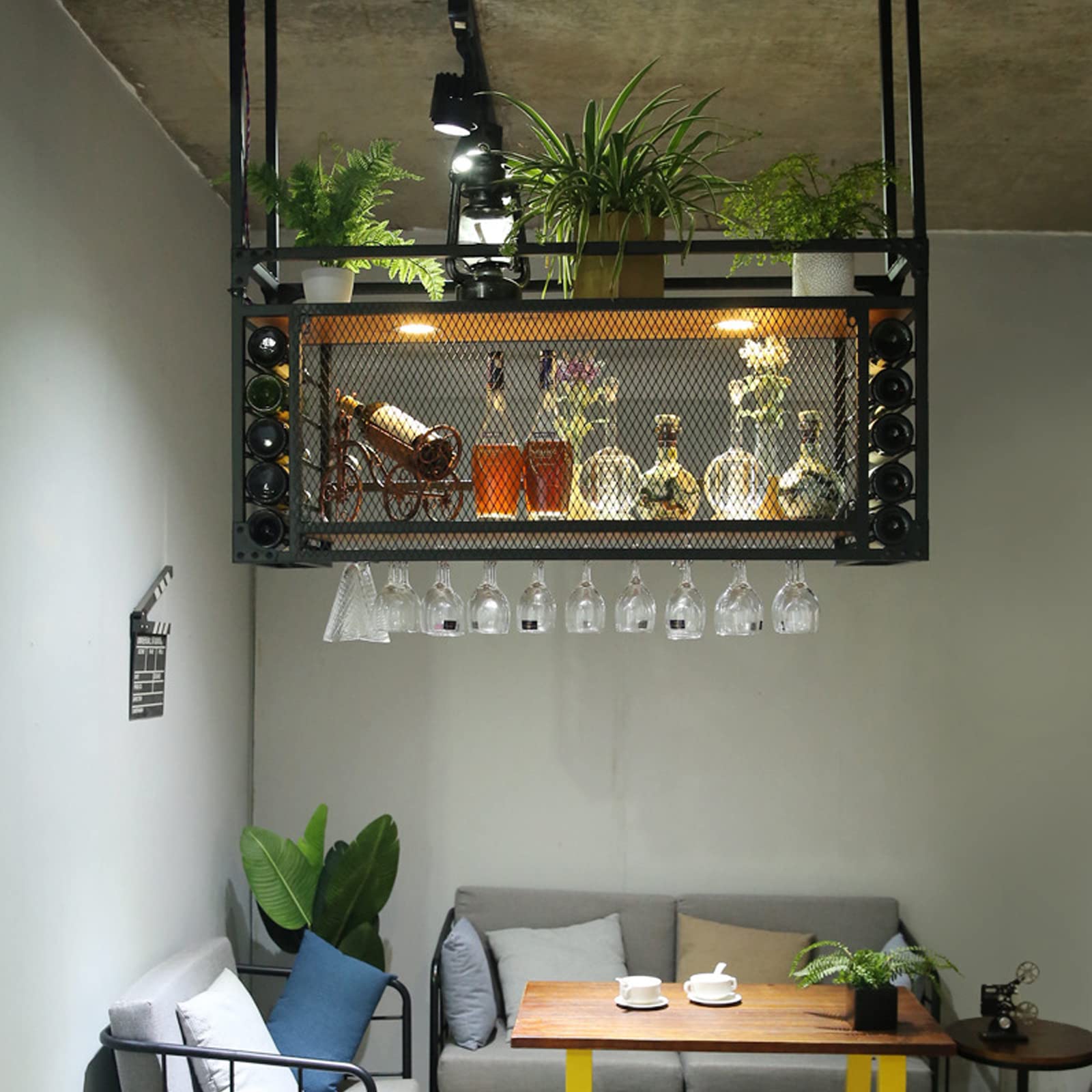 Premium Black Metal Ceiling Wine Glass Rack with Hanging Holder & Shelf - 55.1in Stemware Storage for Bars, Restaurants, Kitchens - Perfect for Wine Cellars, Home Bars & Commercial Establishments