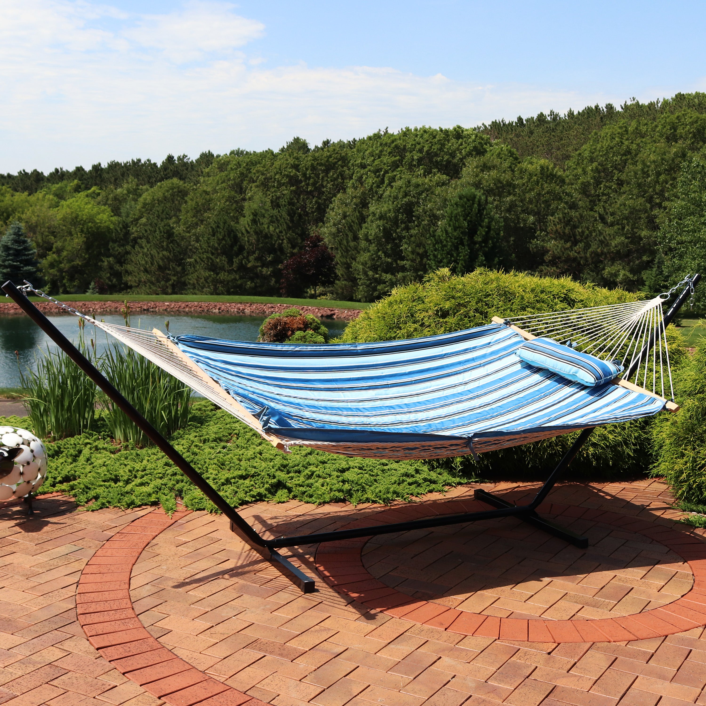 Premium Sunnydaze Rope Hammock with 12-Foot Steel Stand, Comfortable Pad & Pillow - Perfect for Backyard Relaxation, Beach Lounging & Outdoor Camping