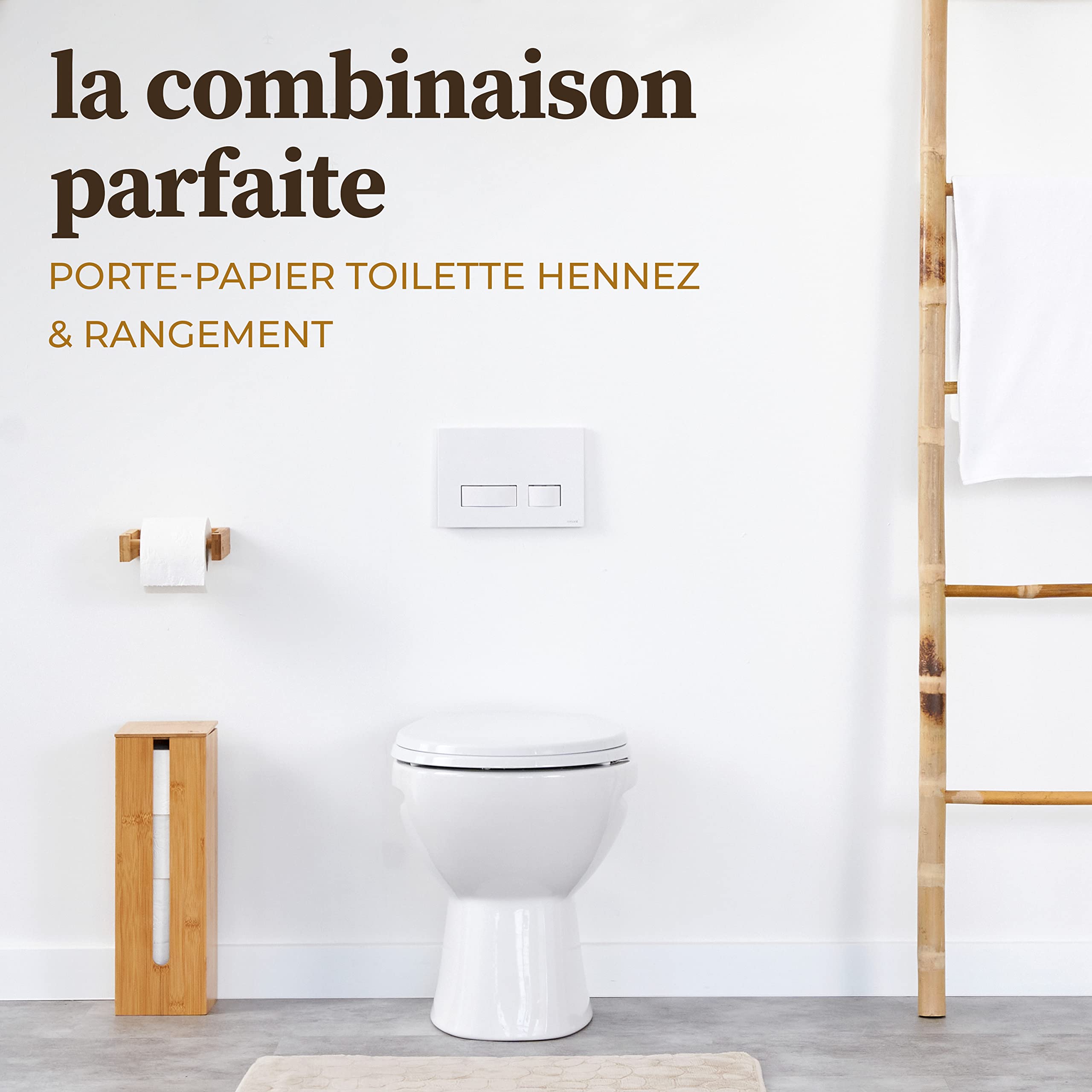 HENNEZ Bamboo Toilet Paper Holder Wall Mount - Adhesive Bathroom Tissue Roll Holder - Wooden Bathroom Storage Organizer - Perfect for Small Bathrooms, RVs, and Vanity Spaces