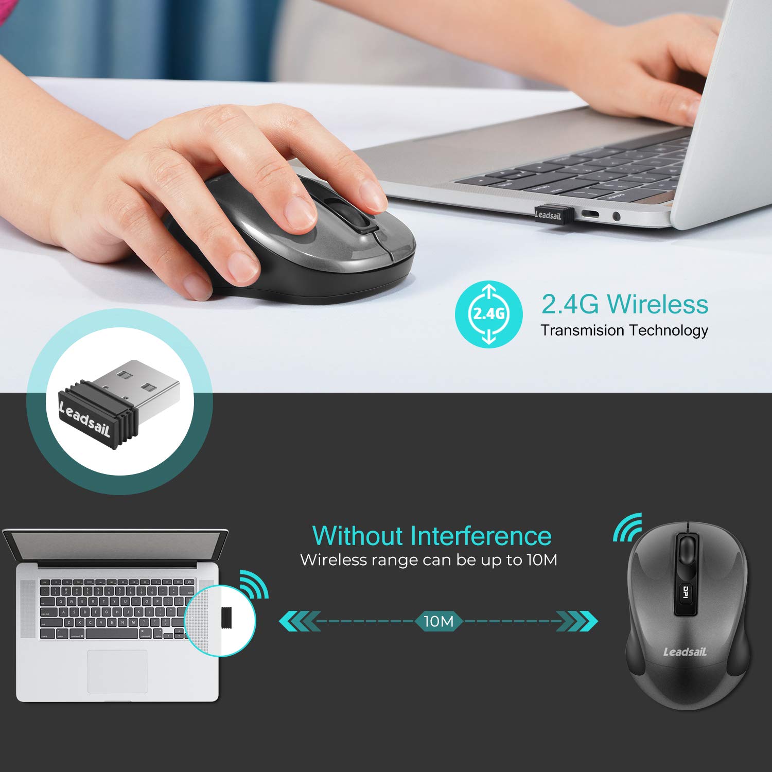 LeadsaiL Wireless Mouse 2.4G Slim Silent Optical Mouse with 4 Buttons - USB Cordless Mouse for Laptop, Desktop, MacBook - Perfect for Office, Home, Gaming & Travel Use