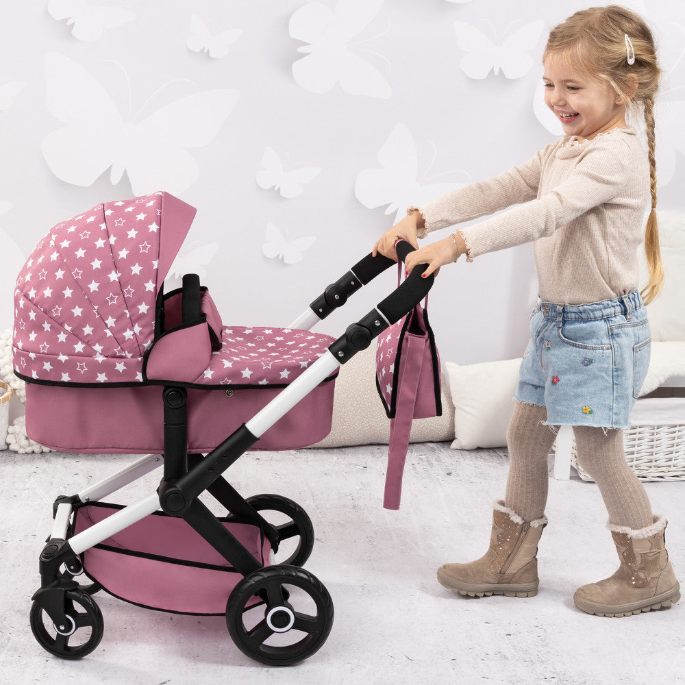 Bayer Design Xeo Doll Pram Playset - Pink & White with Star Pattern | Perfect for Pretend Play, Doll Accessories & Kids' Role Playing Games