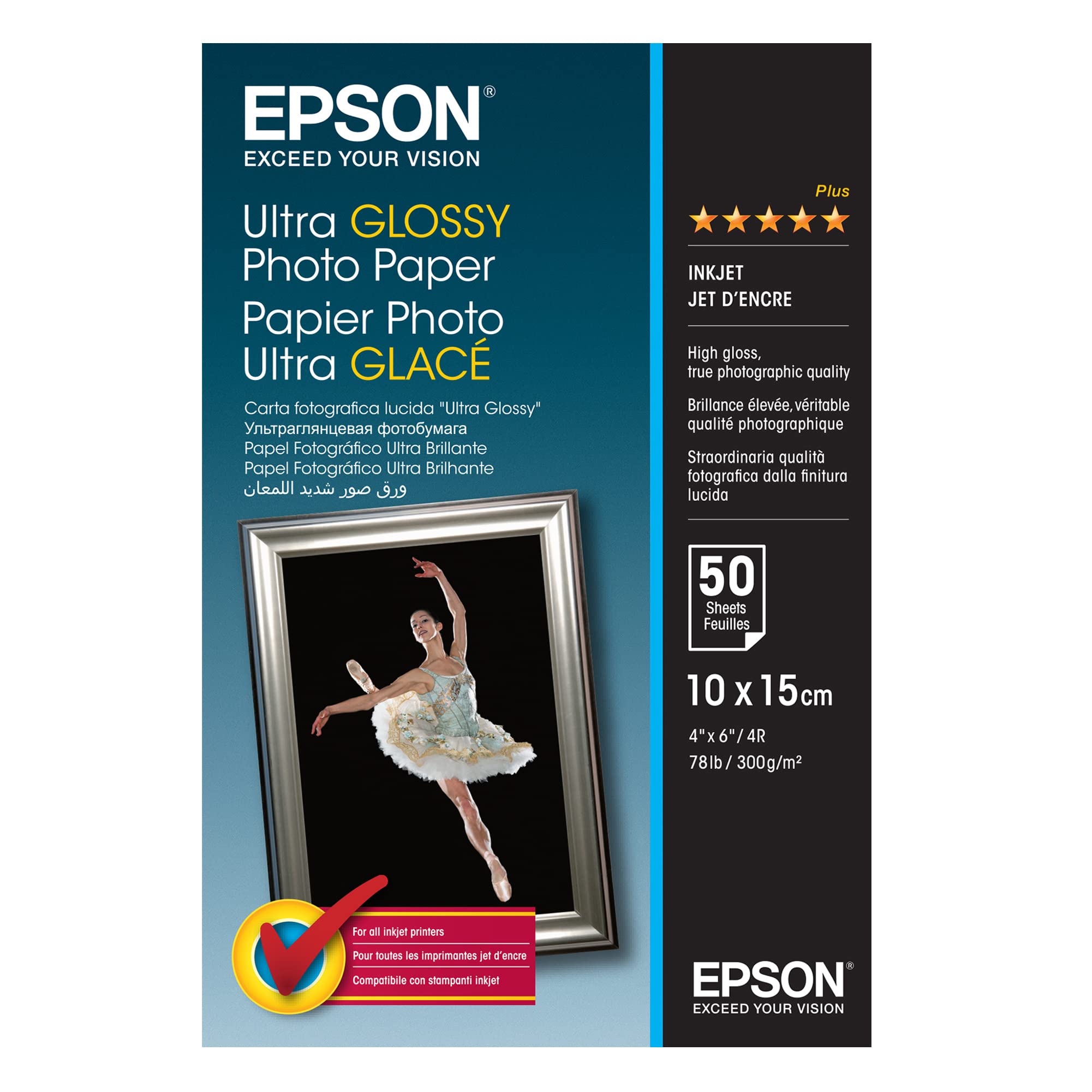 Epson S041943 Ultra Glossy Photo Paper - Premium 4x6 Inch (100x150mm) Glossy Photo Paper - 50 Sheets for Vibrant Prints - Ideal for Photo Albums, Scrapbooking & Home Decor