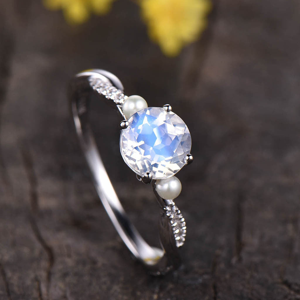 Infinity Round Cut Moonstone Engagement Ring with Akoya Pearl - 14K White Gold Three Stone Wedding Band for Bridal, Anniversary & Special Occasions