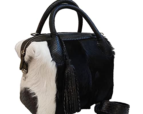 Luxury Fur Tote Bag with Black Snakeskin Leather & Adjustable Long Crossbody Strap - Elegant Women's Handbag for Work, Travel & Everyday Use
