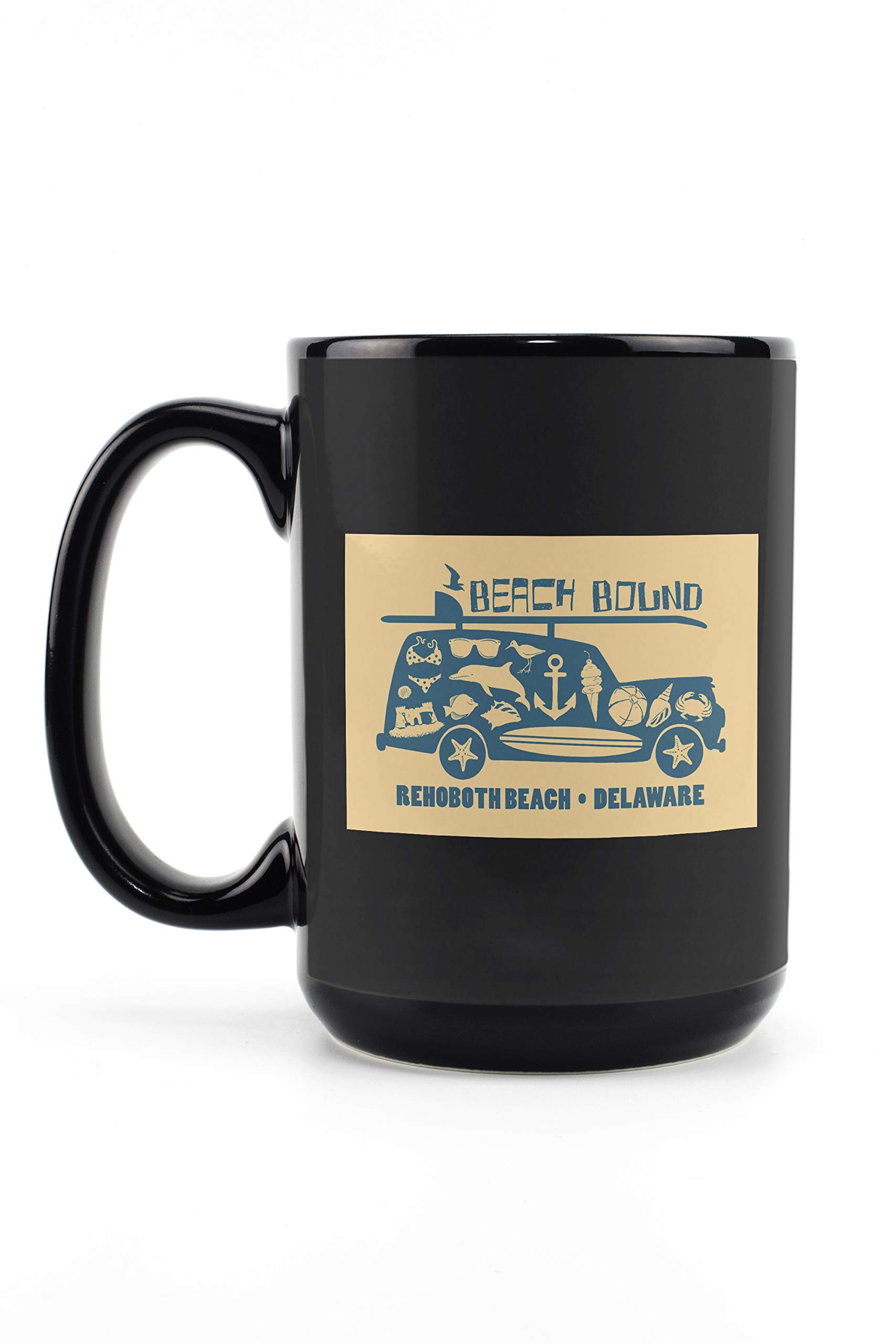 Lantern Press Rehoboth Beach Delaware Coastal Icons Contour 15oz Black Ceramic Coffee Mug - Dishwasher & Microwave Safe - Perfect for Home, Office & Gifts
