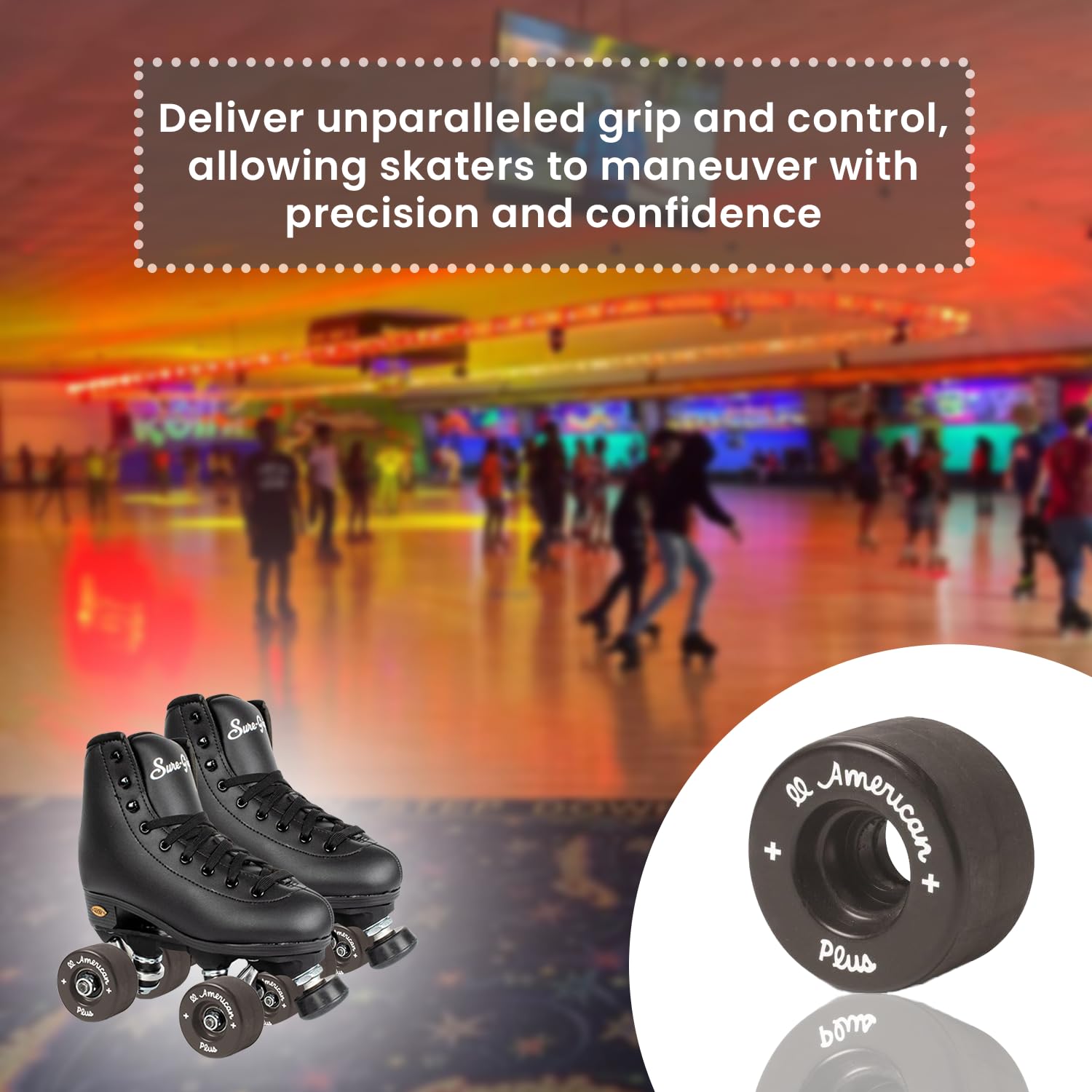 Sure-Grip All American Plus Indoor Black Wheels - 55mm Vanathane Technology - Tough, Lightweight Hard Rink Wheels - Ideal for Beginners - Set of 8 - Perfect for Roller Skating, Roller Derby, and Indoor Rinks