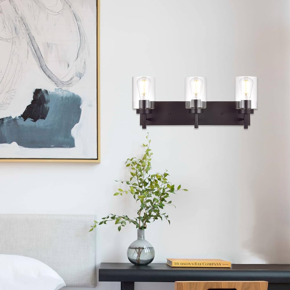 VINLUZ Oil Rubbed Bronze 3-Light Vanity Bathroom Wall Sconce - Rustic Vintage Lighting Fixture with Clear Glass Shade - Perfect for Bathroom, Bedroom, Porch & Entryway (Patent No.: US D958,438 S)
