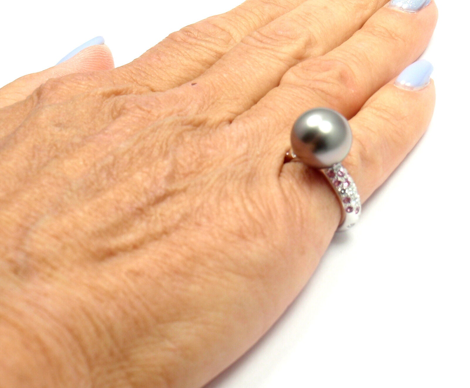 Authentic Cartier 18K White Gold Tahitian Pearl Diamond Pink Sapphire Ring for Women - Luxury Jewelry Gift for Anniversary, Valentine's Day & Special Occasions