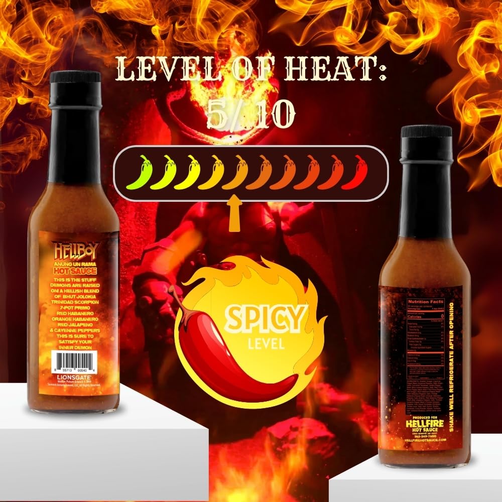 HELLBOY ANUNG UN RAMA Hot Sauce - Officially Licensed 2019 Movie Hot Sauce with Bhut Jolokia & Trinidad Scorpion Peppers | Spicy Gift for Movie Fans, Hot Sauce Lovers & BBQ Enthusiasts | Perfect for Wings, Tacos, Burgers & Hellboy Movie Nights