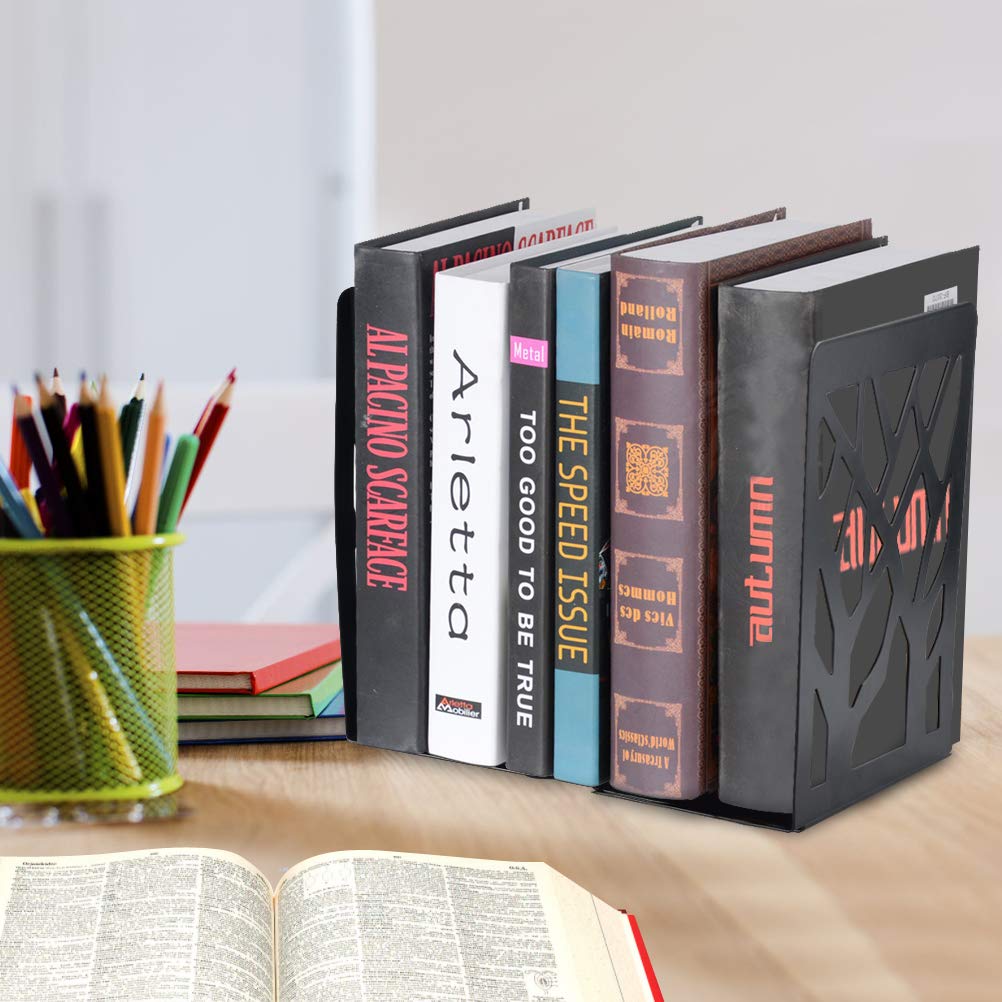 Heavy Duty Metal Bookends for Shelves - 6 Pair Black Decorative Book Stoppers & Book Shelf Holders - Perfect for Home, Office, and Library Organization