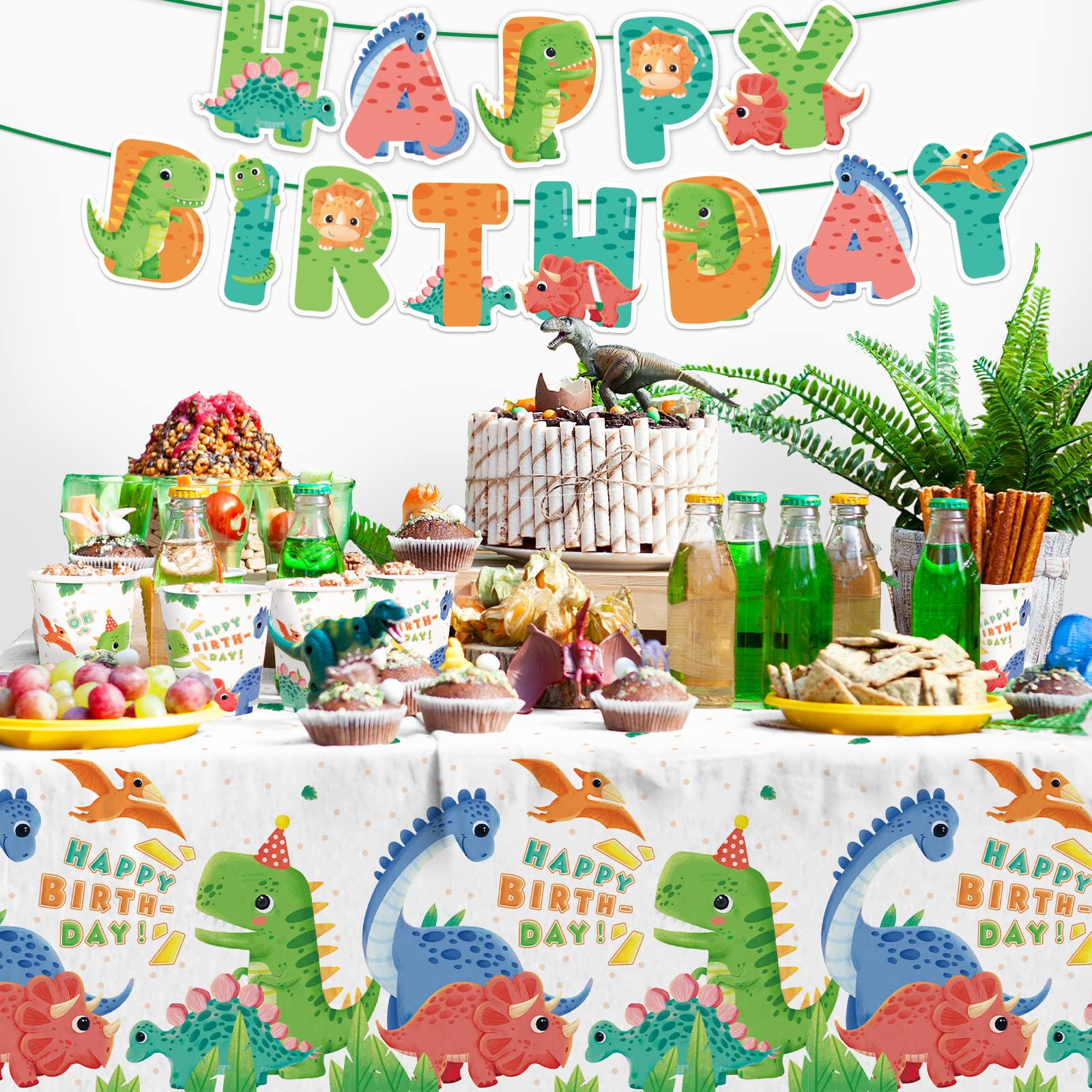 Dinosaur Birthday Party Supplies Set - 25 Pcs Disposable Paper Plates, Napkins, Cups, Tablecloth & Banner for Kids Dino Themed Party Decorations | Perfect for Birthday Celebrations, Classroom Events & Jurassic Theme Parties