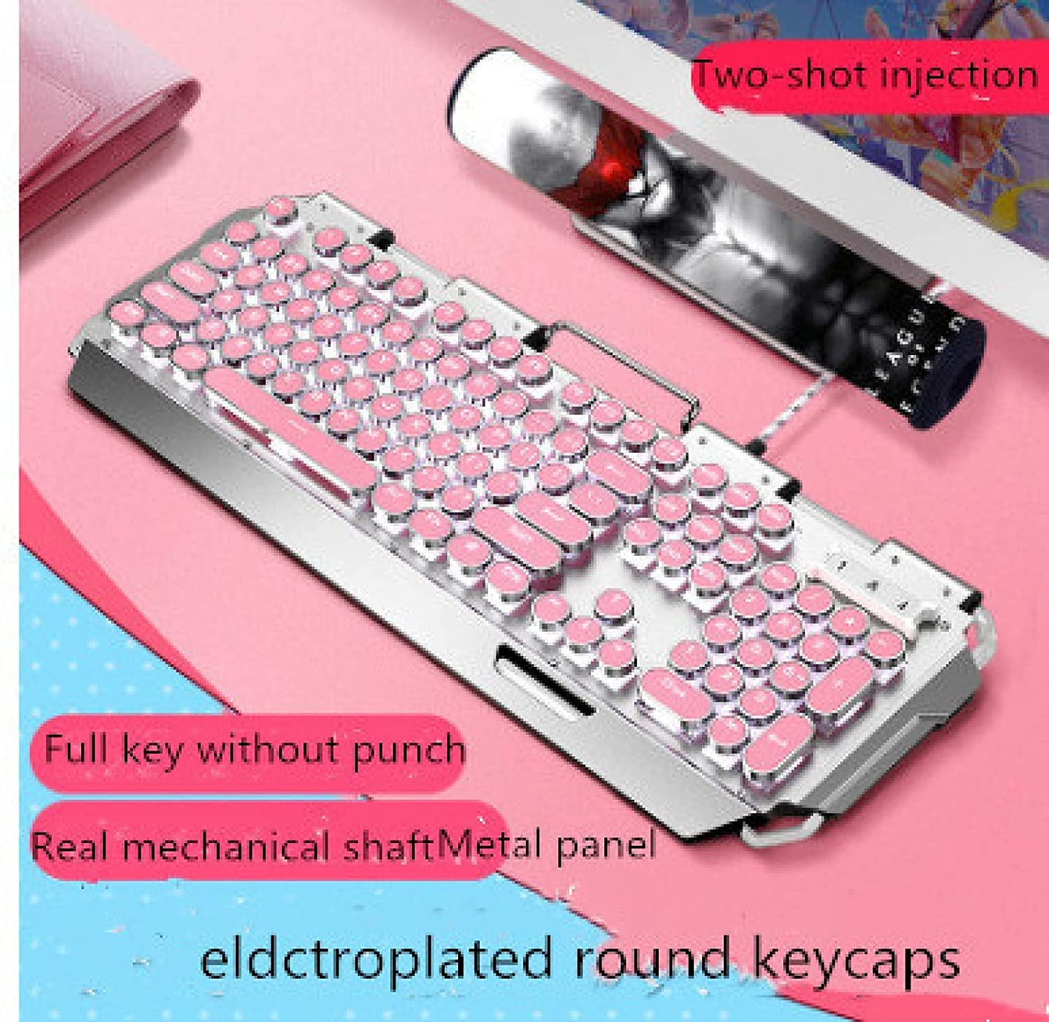 Cherry Pink Mechanical Keyboard and Mouse Set for Girls - Retro Round Keycaps, RGB Backlit, Wired USB Gaming Keyboard - Perfect for Gaming, Typing, and Office Use