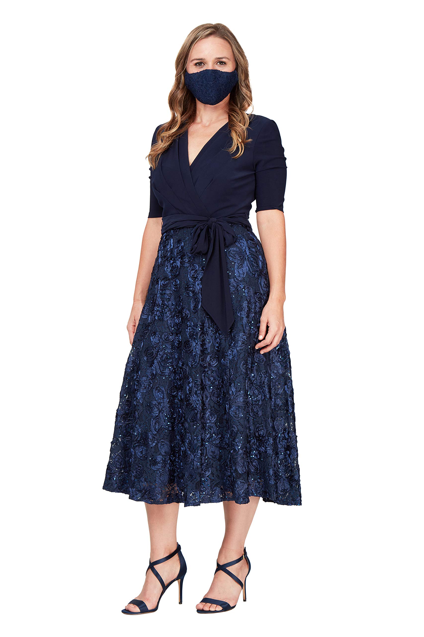 Alex Evenings Women's Navy Tie Front Tea Length Dress - Jersey & Rosette Lace Formal Dress for Petite & Regular Sizes (14P) | Perfect for Weddings, Cocktail Parties & Special Occasions