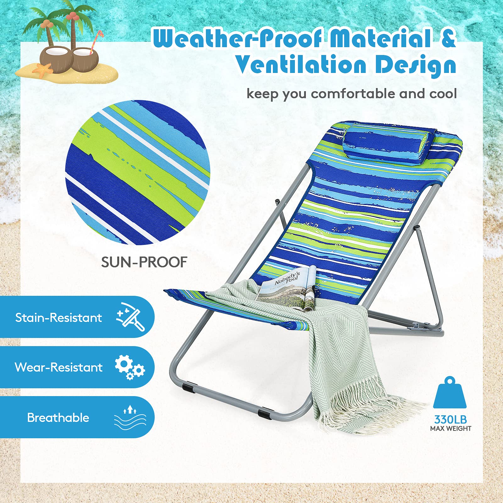 GYMAX 2-Pack Adjustable Beach Chairs for Adults - Portable Reclining Lounge Chairs with 3-Level Backrest & Removable Pillow - Lightweight Folding Camping Chairs for Beach, Poolside, Patio, Lawn, Fishing & Outdoor Relaxation (Blue) - Perfect for Summer Vacations, Backyard Lounging & Travel Adventures