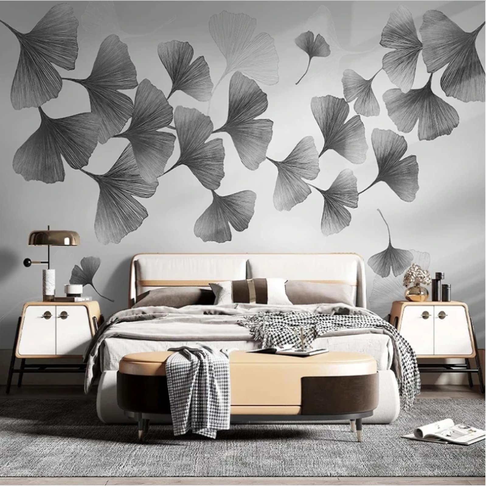 3D Ginkgo Leaves Wallpaper - Nordic Black & White Mural for Living Room Decor - 450x300cm - Perfect for Home Improvement & Wall Background