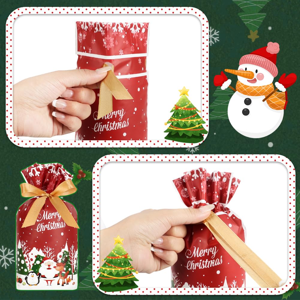 JOINDO 50 Pack 6x9 Inch Christmas Treat Bags - Holiday Drawstring Goodie Bags for Party Favors, Candy & Gifts (5 Festive Patterns) - Perfect for Christmas Parties, School Events & Gift Exchanges