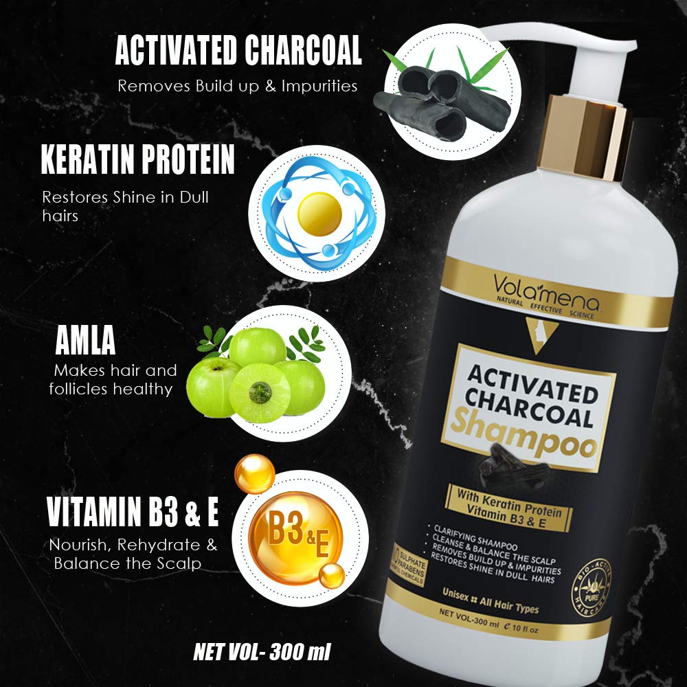 VOLAMENA Activated Charcoal Shampoo for Dandruff & Hair Fall Control - 300ml | Deep Cleansing & Scalp Care | Perfect for Daily Use & Sensitive Scalp
