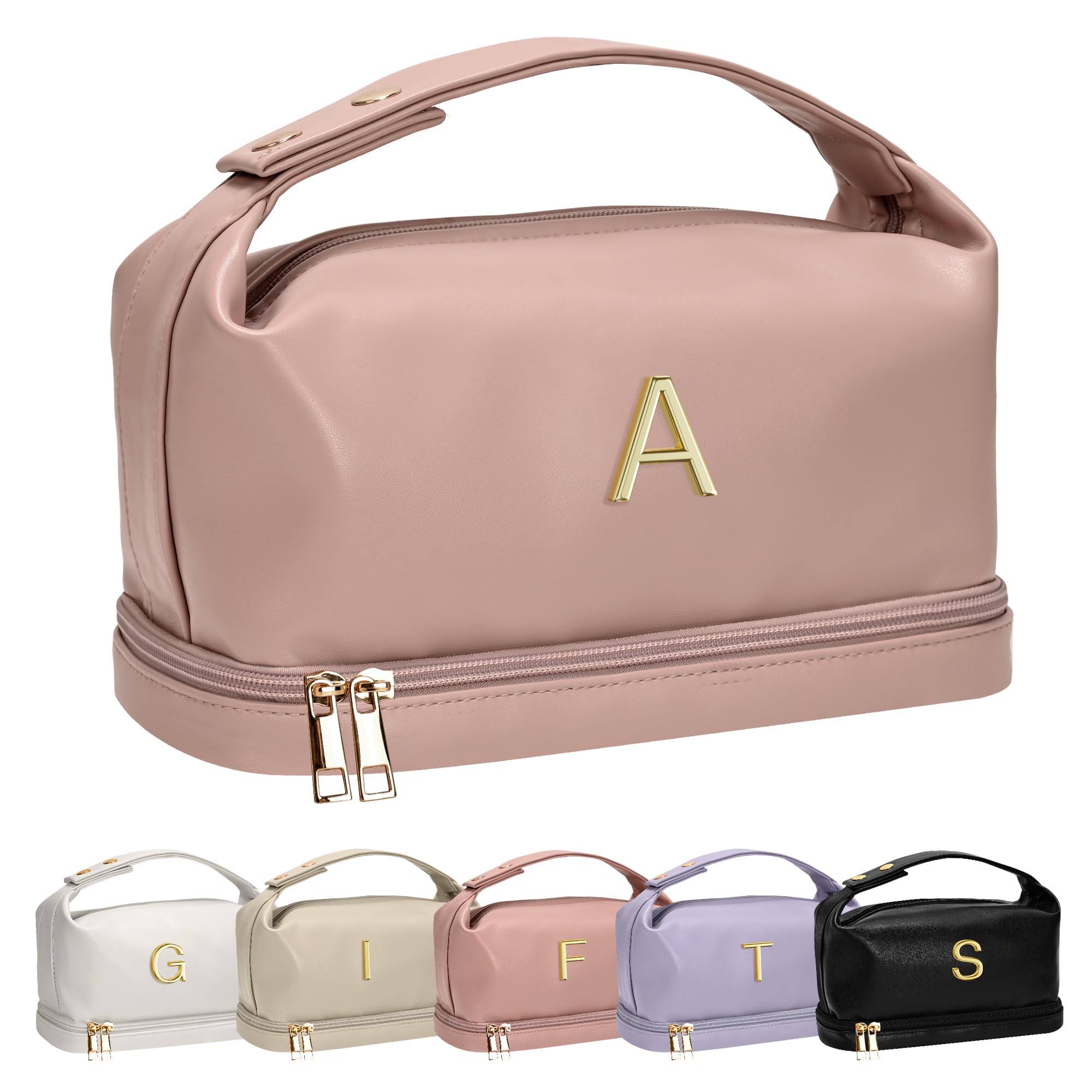 Personalized Initial Makeup Bag for College Girls - Waterproof Double Layer Cosmetic Travel Organizer with Brush Holder | Perfect for Dorm, Gym & Weekend Getaways