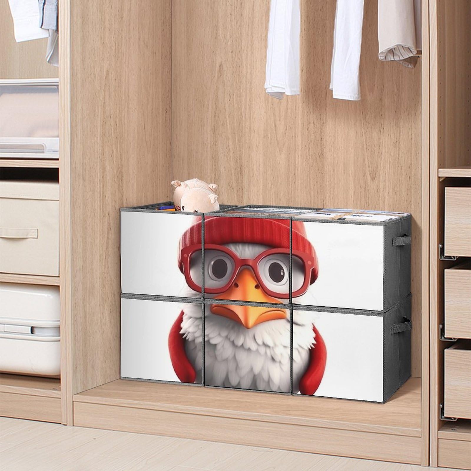 6-Pack Collapsible Storage Bins with Handles - Cartoon Bird with Glasses Design, Large Closet Organizer for Clothing, Toys & Home Organization | Perfect for Bedroom, Nursery & Office Storage Solutions