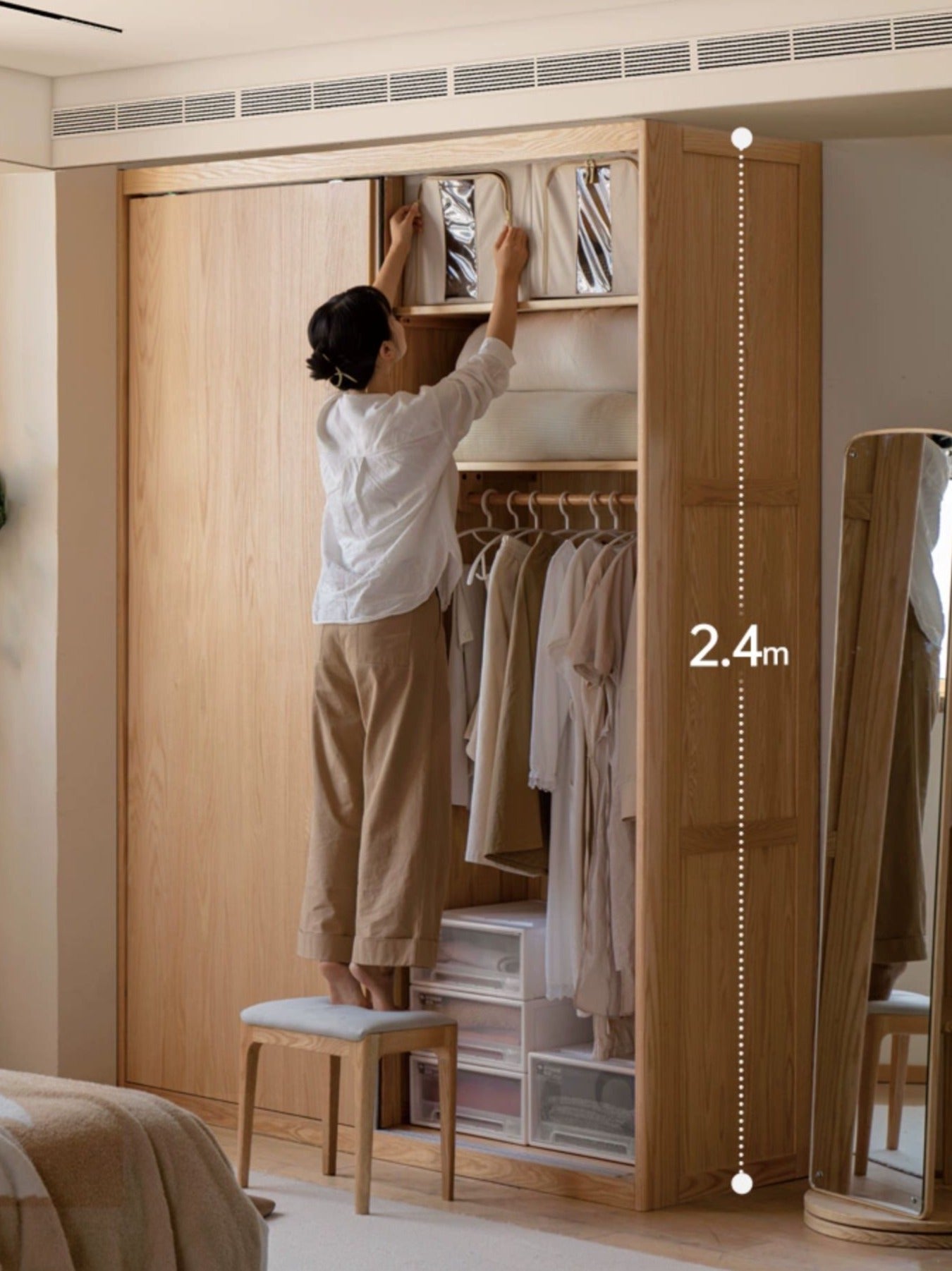 Solid Oak Wood Sliding Door Wardrobe Closet - Modern Storage Solution for Bedroom, Living Room & Office