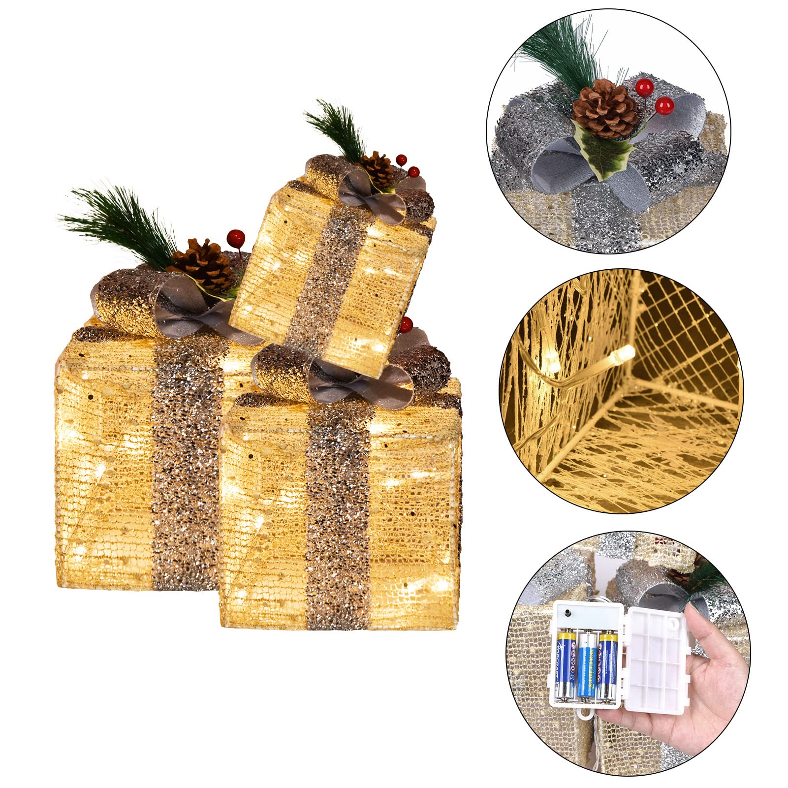 3-Pack Christmas Lighted Gift Box Decorations - 60 LED Warm White Pre-Lit Boxes, Battery Operated Holiday Decor for Xmas Tree, Home, Party | Indoor Use for Mantel, Table Centerpiece & Gift Display