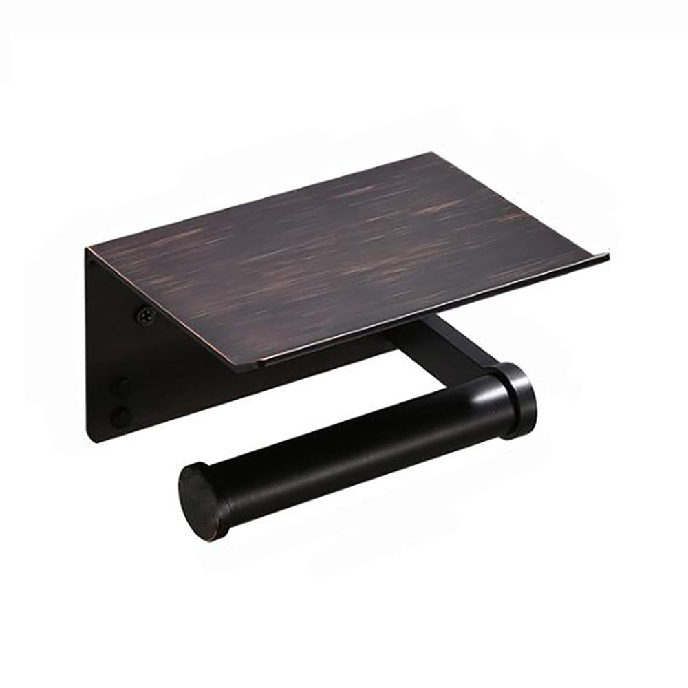 Wall Mounted Toilet Paper Holder with Shelf - Aluminum Bathroom Tissue Roll Dispenser & Phone Storage Organizer for Bathroom, Kitchen, Hotel - Black Ancient Finish (Drilling Required) | Perfect for Small Spaces & Modern Home Decor