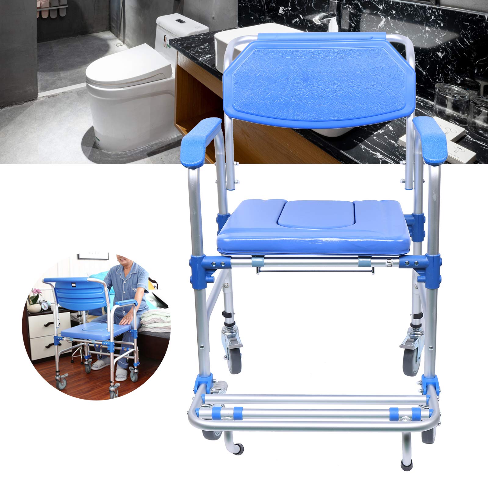 Portable Aluminum Shower Commode Chair with Wheels - Slip-Resistant Toilet Seat for Elderly & Handicapped - Adjustable Height Medical Commode for Home & Hospital Use - Ideal for Bathroom Safety & Mobility Assistance