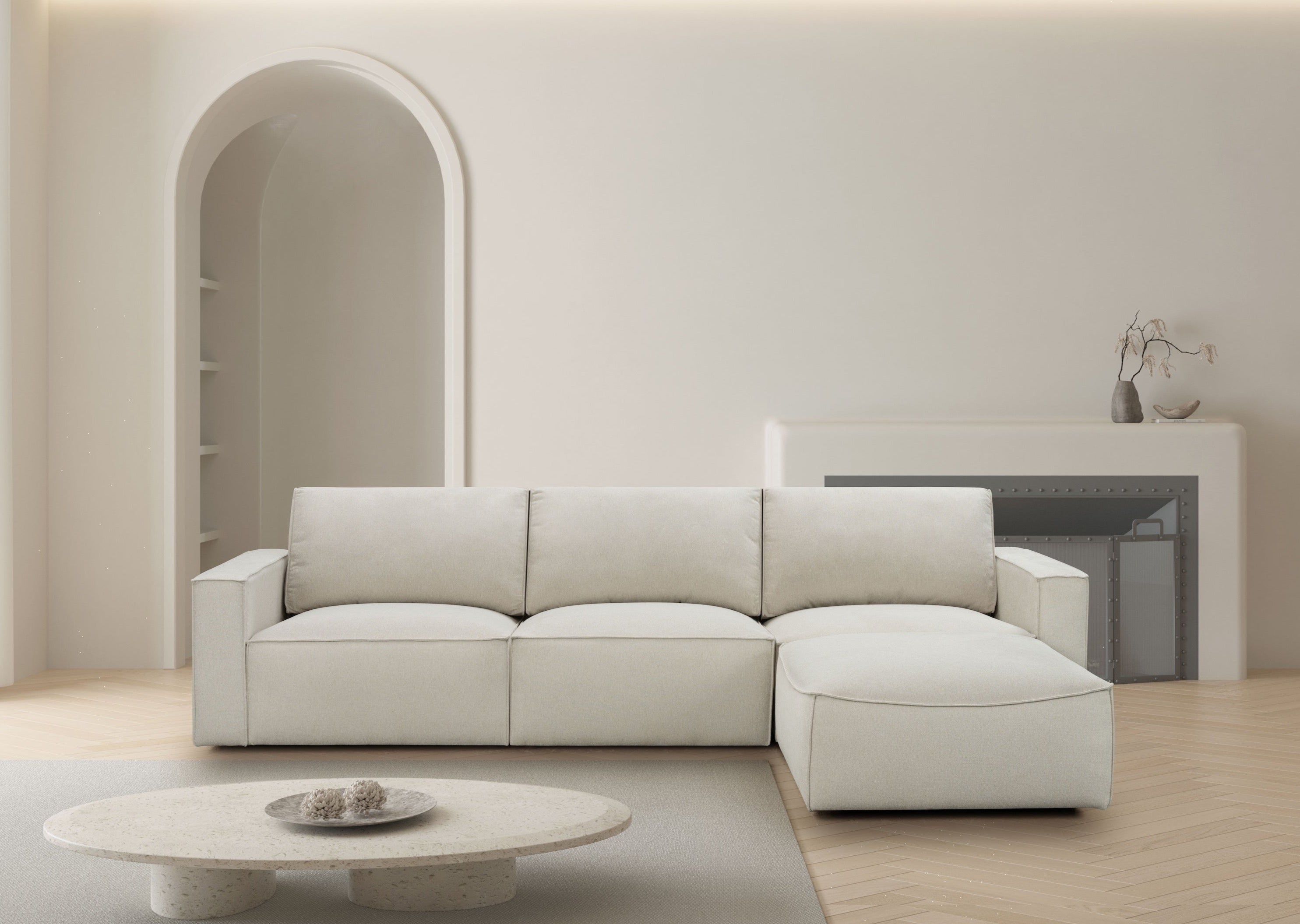 Stylish Maui 3-Seater Sofa with Ottoman in Elk Oat Fabric - Perfect for Living Room, Lounge, and Family Room Comfort